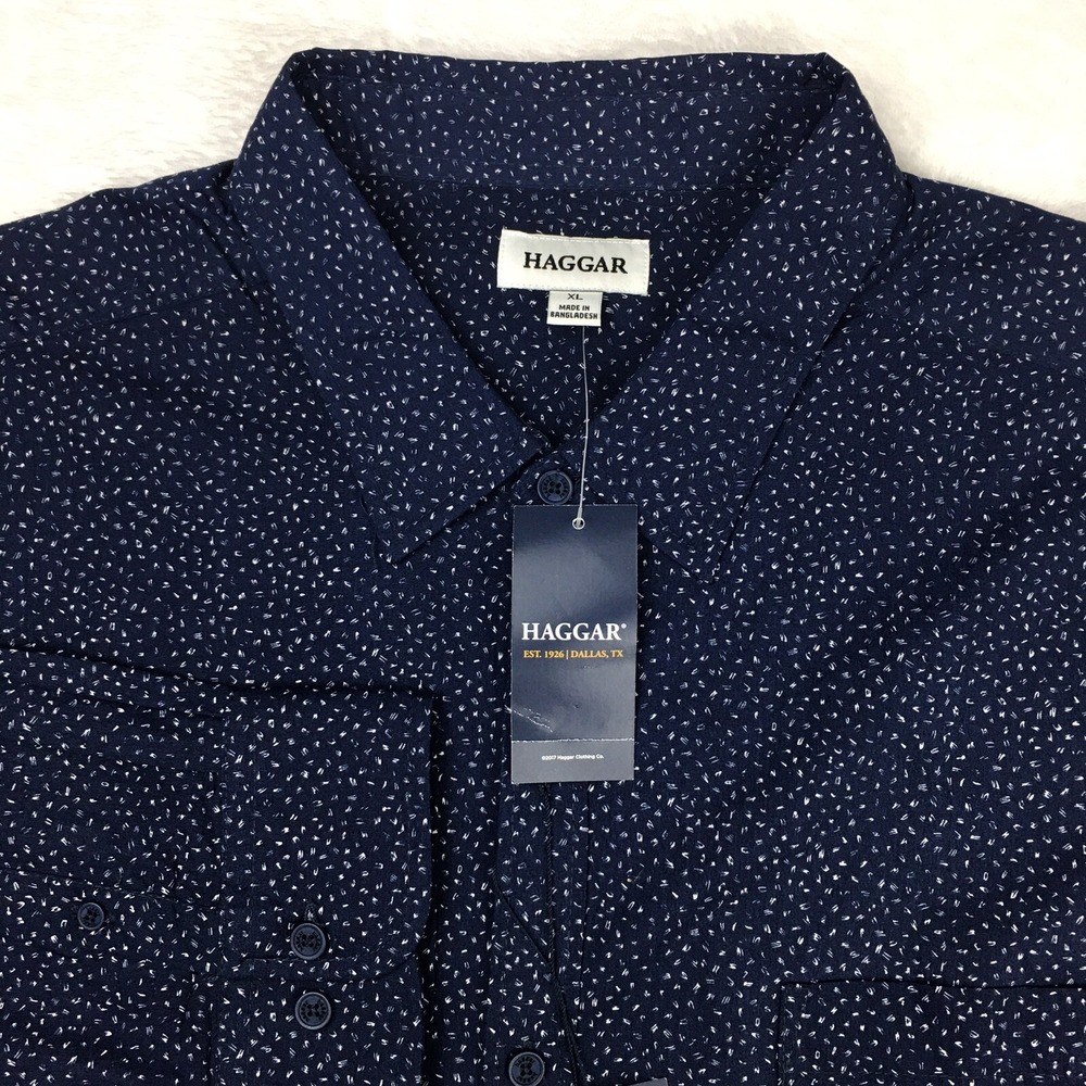 Haggar Men's XL Tuckless Button Down Shirt Navy Blue Long Sleeve NWT